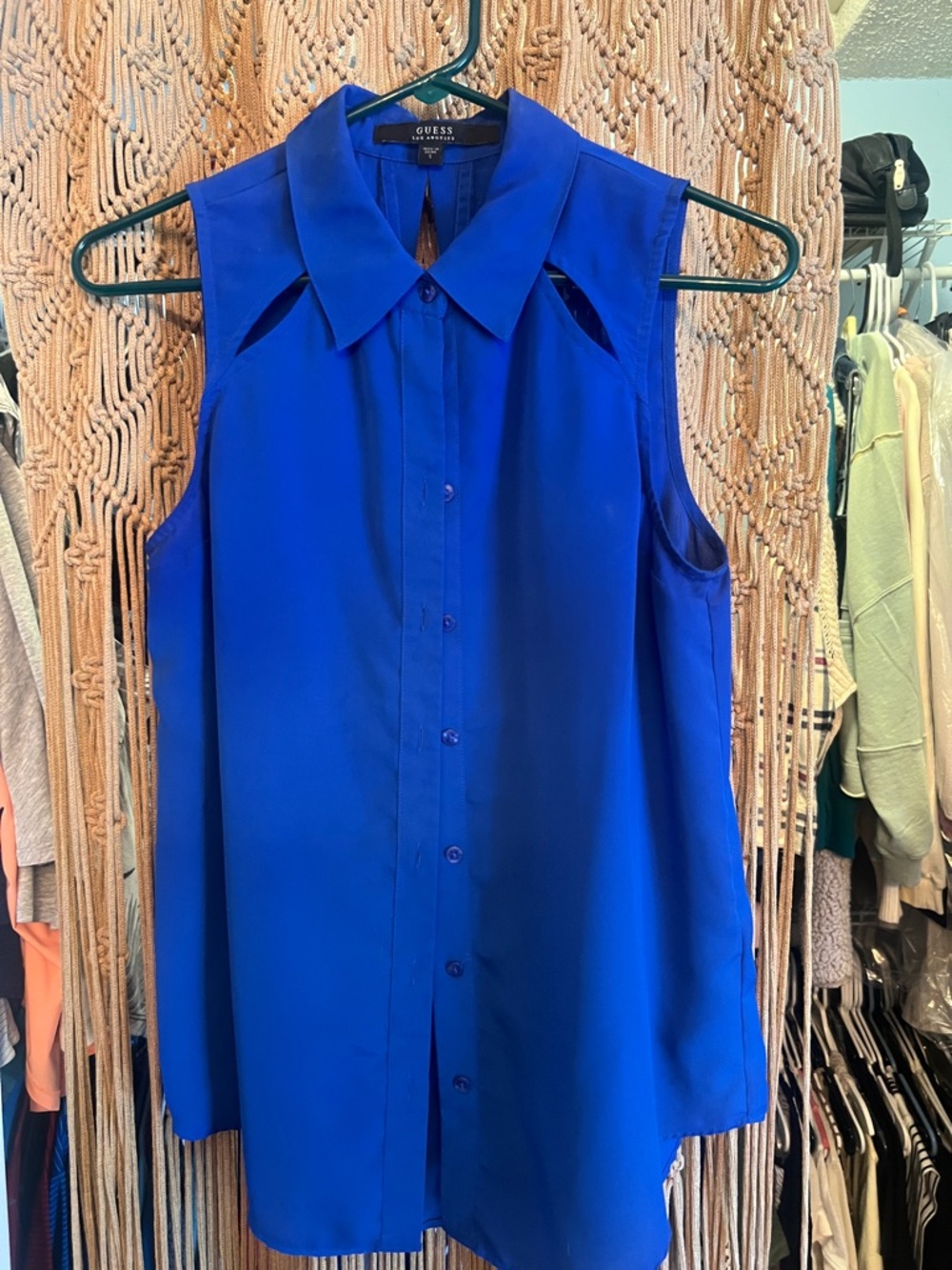 GUESS Sleeveless Button-Down Top in Cobalt Blue